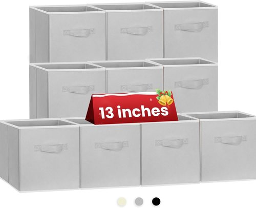 Criusia Large Storage Cubes - Set of 10 Collapsible Fabric Bins with Dual Handles | Grey 13x13 Baskets
