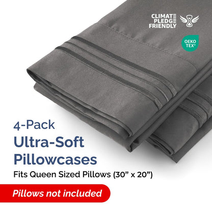 Queen Pillow Cases Set of 4 - Ultra Soft Hotel Quality Pillowcase Covers - Comfy, Cozy & Wrinkle Free - Shrinkage, Stain & Fade Resistant - Machine Washable Pillow Protectors - 4 Piece Set - Charcoal