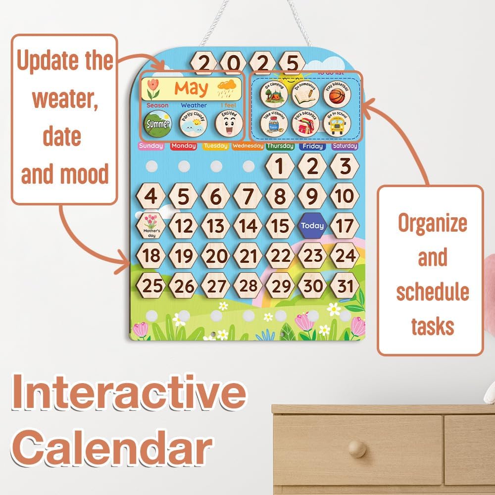 Skiennix Interactive Wooden Calendar for Kids Ages 3+ | Teach Seasons & Days | 12 x 15 Inches