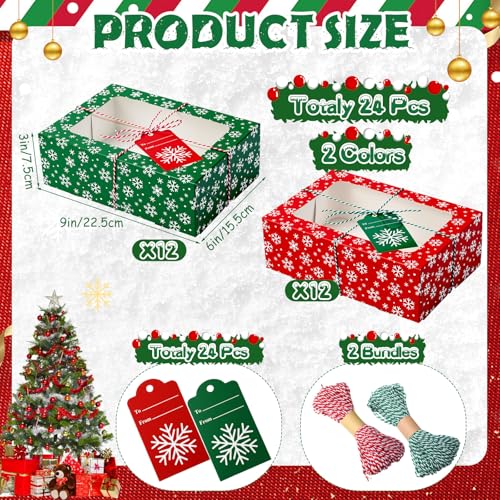 Glenmal 24 Pack Christmas Cookie Boxes with Window Snowflake Pattern 9x6x3 Inches - Holiday Gift Packaging