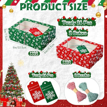 Glenmal 24 Pack Christmas Cookie Boxes with Window Snowflake Pattern 9x6x3 Inches - Holiday Gift Packaging