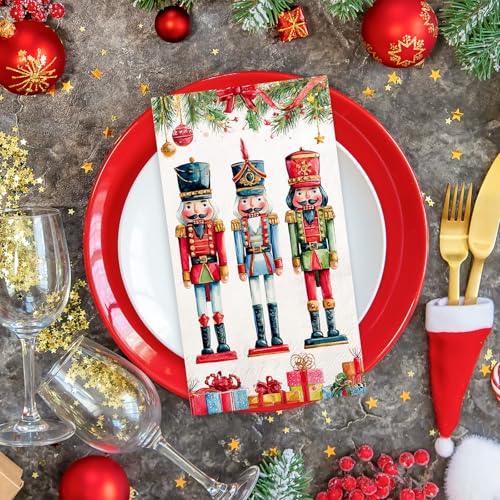Red Disposable Christmas Guest Napkins - Nutcracker & Pine Branch Design, 50 Pack