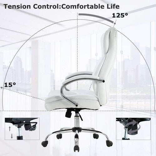 BestOffice Ergonomic Office Chair Desk Chair PU Leather Computer Chair Executive Adjustable High Back PU Leather Task Rolling Swivel Chair with Lumbar Support (White)