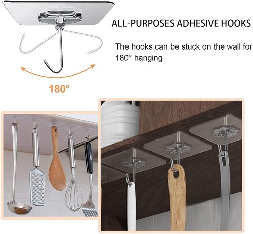 Adove Adhesive Hooks - Heavy Duty 20 Pack, Removable Transparent Wall & Ceiling Hooks, 22lb Max Capacity