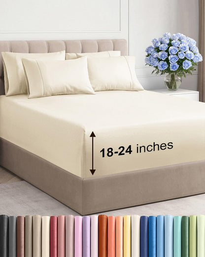 Skiennix Extra Deep Cal King Sheet Set | 6-Piece Breathable Cooling Bedding - Soft, Wrinkle-Free Off White