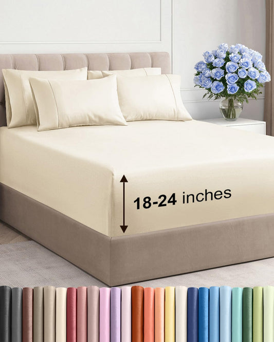 Skiennix Extra Deep King Sheet Set - 6-Piece Breathable Cooling Bedding - Soft, Wrinkle-Free Off White