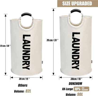 DOKEHOM 90L Large Laundry Basket - Collapsible Freestanding Hamper in Beige for Easy Storage
