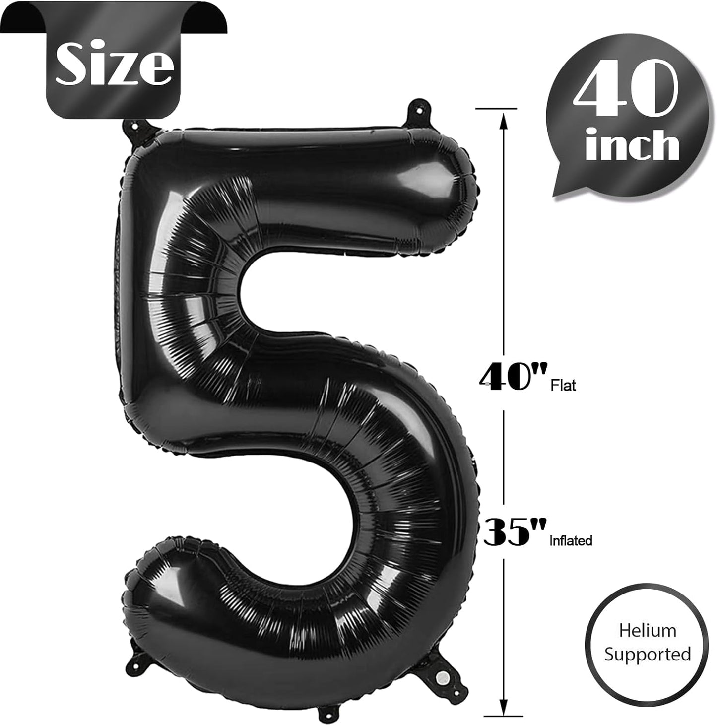 5 Number Balloon - 40 Inch Black Birthday Decoration | Perfect for 5th Birthday Parties