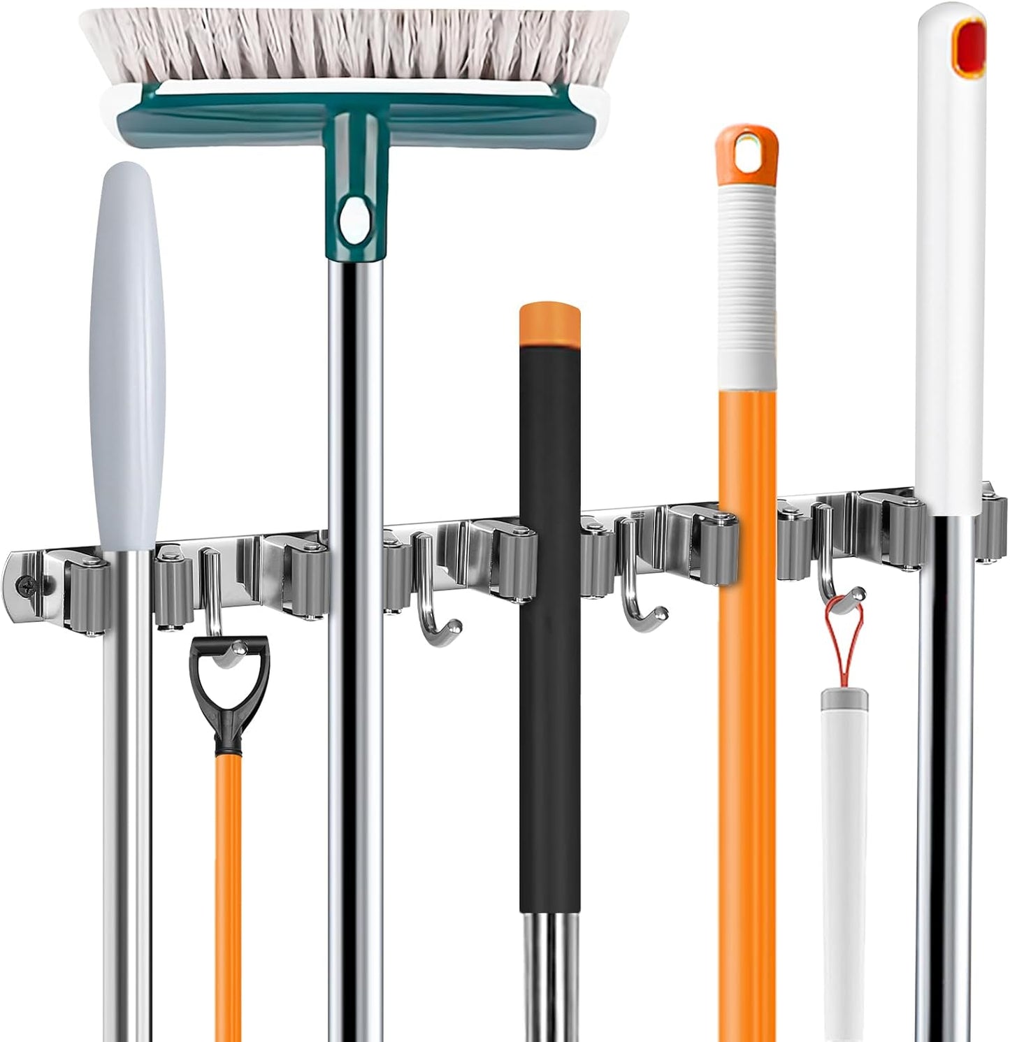 UNIFUN Broom Holder Wall Mount - Heavy Duty Stainless Steel Organizer with 5 Racks & 4 Hooks | Grey