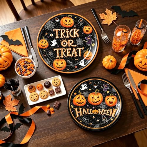 Halloween Trick or Treat Paper Plates Set - 50 Pcs Party Dinnerware with Pumpkin & Ghost Designs