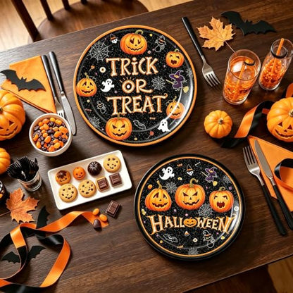 Halloween Trick or Treat Paper Plates Set - 50 Pcs Party Dinnerware with Pumpkin & Ghost Designs