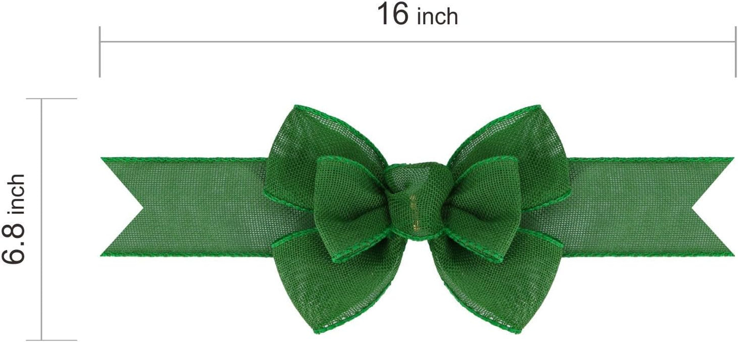 Meseey Wired Ribbon Bows - Handmade Emerald Green Burlap for Wreaths & Gift Wrapping | 2 Pcs Set