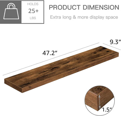 QEEIG Floating Wall Shelves - Extra Long Rustic Brown Set of 2 | 47.2" x 9.3" for Home Decor & Display