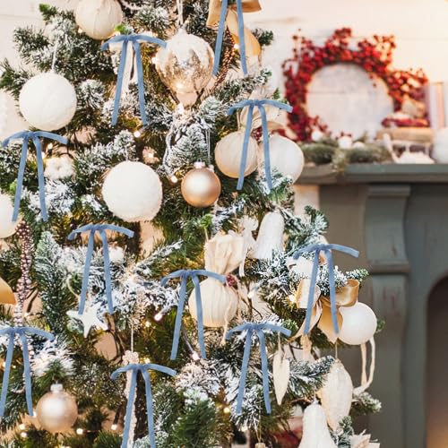 Dusty Blue Velvet Bows for Christmas Tree Decorations Set of 24 - Pre-Tied Holiday Ornaments