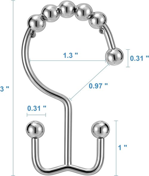 Shower Curtain Hooks Rings, TENOVEL Double Sided Shower Hooks Rust Proof for Bathroom Shower Rods Curtain, Durable Stainless Steel Bathroom Shower Curtain Hangers,Chrome,Set of 12