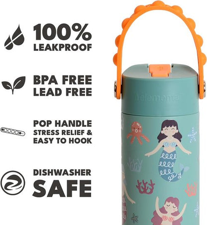 Elemental Kids Insulated Water Bottle - Stainless Steel, Leak-Proof with Straw Lid & Pop-It Handle, 18oz | Mermaid Sisters