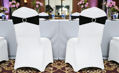 MDS Premium Stretch Chair Sashes - Pack of 25 Universal Black Bow Covers for Weddings & Events