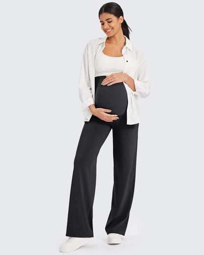 G4Free Maternity Pants with Pockets Over The Belly Pregnancy Leggings Wide Leg Yoga Pants for Business Casual (Black,M,Regular)