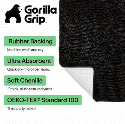 GORILLA GRIP Bath Rug Mat - Soft Absorbent Chenille | Quick-Dry Microfiber, 42x24, Black