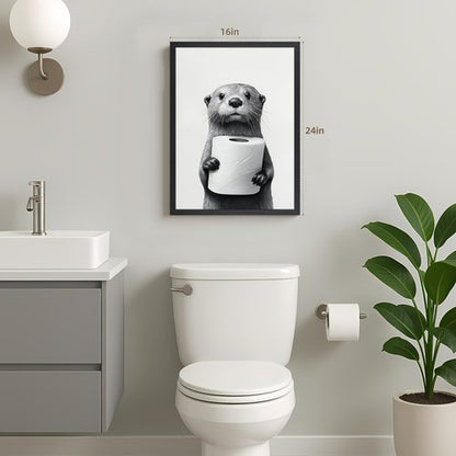 IAFWZX Funny Bathroom Wall Art - Black and White Otter Holding Toilet Paper | Cute Canvas Print 16"x24"
