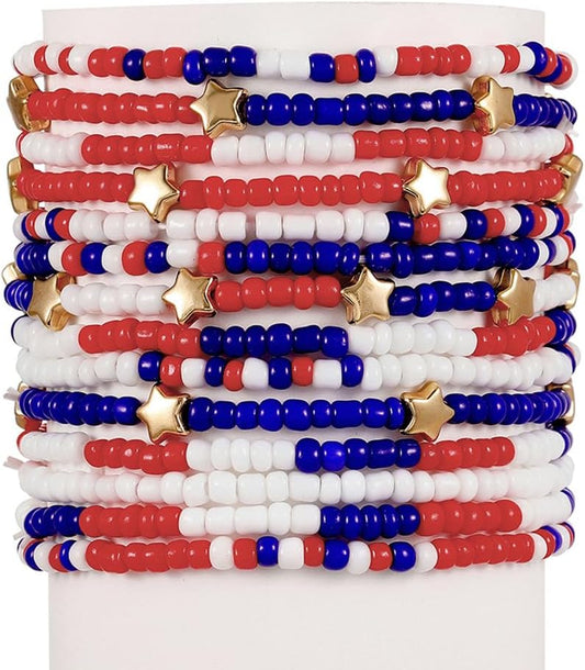 Pingyongchang Beaded Stretch Bracelets - Patriotic Red, White & Blue Multilayer Bangles for Men & Women | Perfect Independence Day Gifts