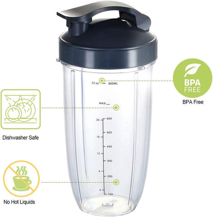 Nutribullet Upgrade Blender Cups - 32oz Replacement Parts with Flip-Top To-Go Lids | 2 Pack