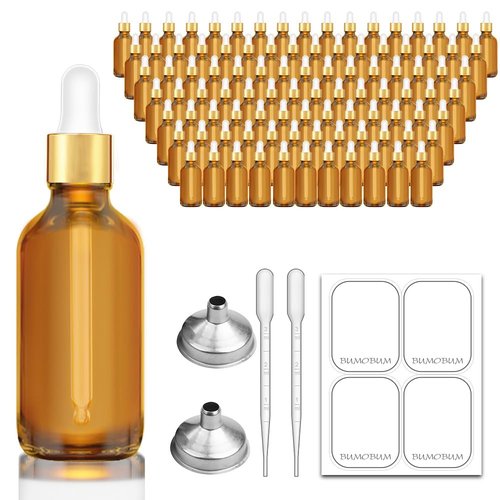Bumobum 2 oz Dropper Bottle, Amber Glass Eye Dropper Bottles with Golden Top Cap for Essential Oils, 99 pack Tincture Bottle with Labels and Funnel