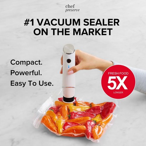 Chef Preserve Compact Vacuum Sealer - Powerful Handheld Food Sealer with 30 Reusable Bags | Portable Meal Saver
