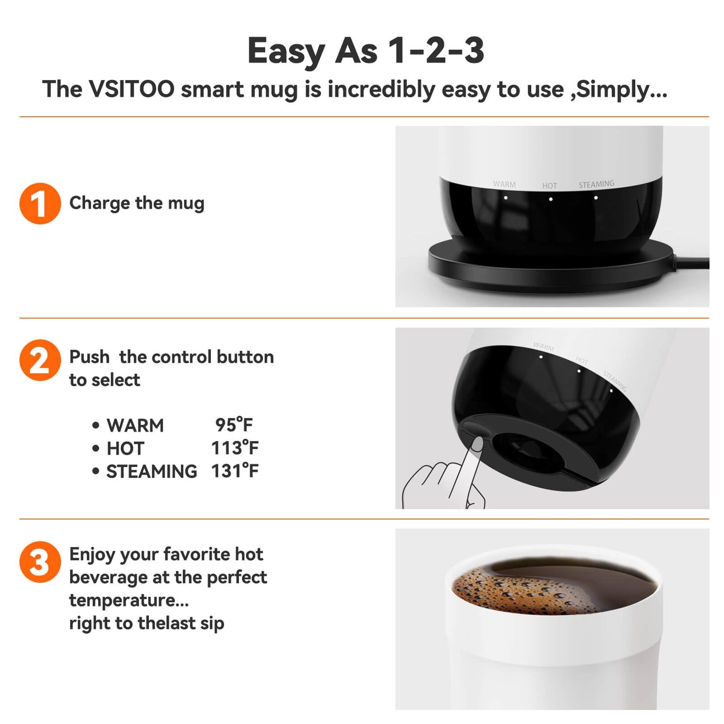 VSITOO Temperature Control Travel Coffee Mug,S5 Heated Coffee Mug,Suitable for APP Controlled Coffee Warmer Mug,Travel Mugs is Rechargeable or Battery Powered, LED Light(15 oz White)