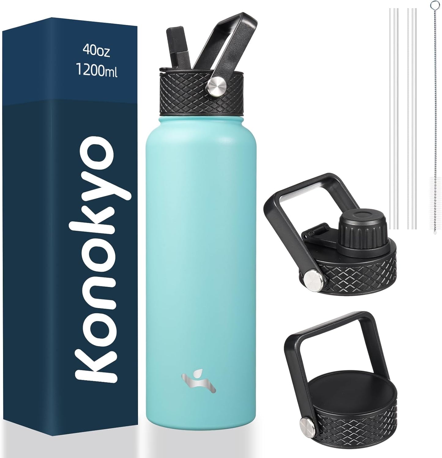 Skiennix 40oz Insulated Water Bottle - Stainless Steel Sport Bottle with 3 Lids | Turquoise