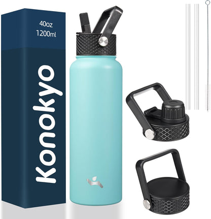 Skiennix 40oz Insulated Water Bottle - Stainless Steel Sport Bottle with 3 Lids | Turquoise
