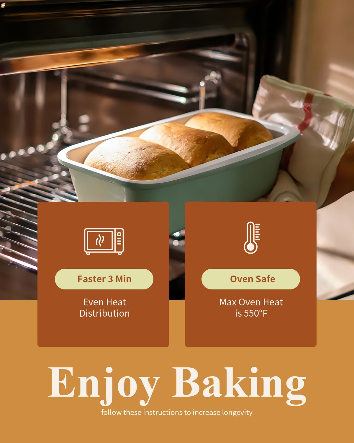 Skiennix Non-Stick Bread Loaf Pan - 9x5 Inch Ceramic Coating, Oven Safe to 550°F, Dishwasher Safe | Pistachio Green