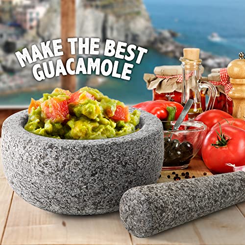 Heavy Duty Small Mortar and Pestle Set, Hand Carved from Natural Granite, Make Fresh Guacamole, Salsa, Pesto, Stone Grinder Bowl, Herb Crusher, Spice Grinder, 5.5" wide, 1.5 Cup, Grey