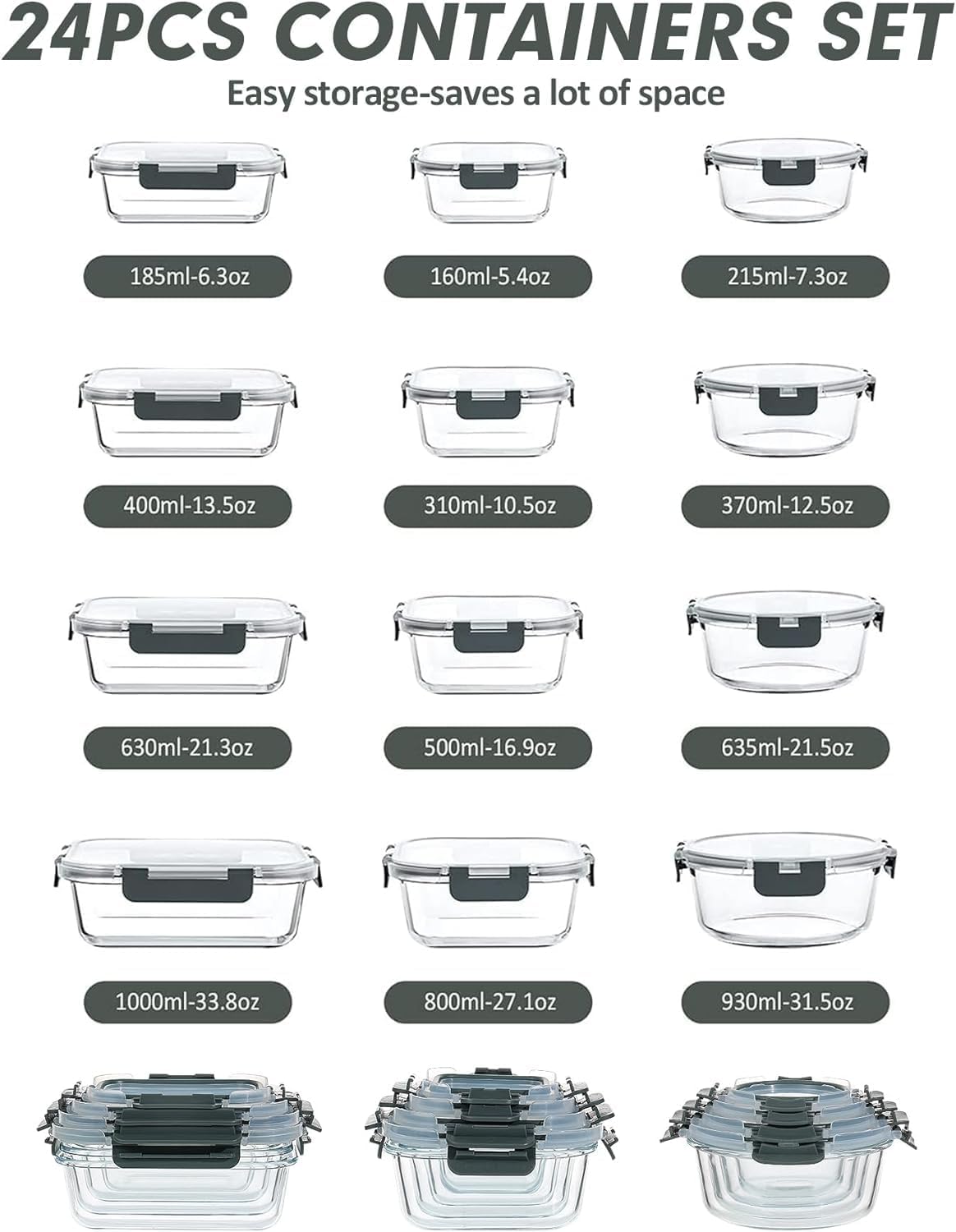 VERONES Glass Food Storage Containers Set - 12 Airtight Meal Prep Containers with Lids | BPA-Free, Microwave & Oven Safe, Grey