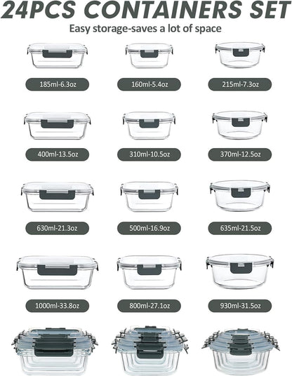 VERONES Glass Food Storage Containers Set - 12 Airtight Meal Prep Containers with Lids | BPA-Free, Microwave & Oven Safe, Grey