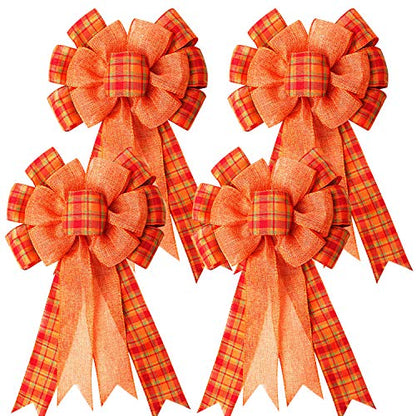 4 Pcs Large Thanksgiving Buffalo Plaid Wreath Bows - Orange Fall Decor