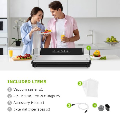 Bonsenkitchen Vacuum Sealer Machine - Compact Food Sealer for Meal Prep & Storage | 5 Bags Included, Silver