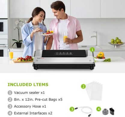 Bonsenkitchen Vacuum Sealer Machine - Compact Food Sealer for Meal Prep & Storage | 5 Bags Included, Silver