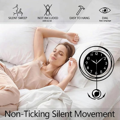 Wall Clock with Silent Quartz Movement - Modern Black & White Pendulum Design