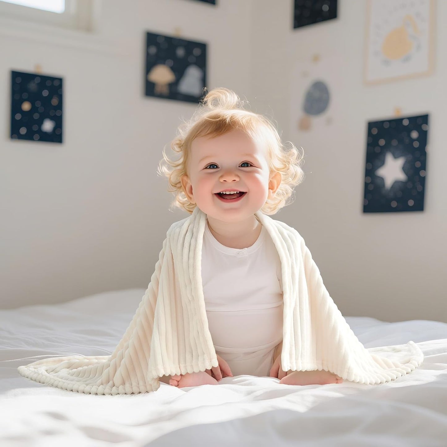 Skiennix Soft Fleece Baby Blanket - Ultra Cozy & Lightweight | Reversible Stripes, 30x40 Inch, Cream