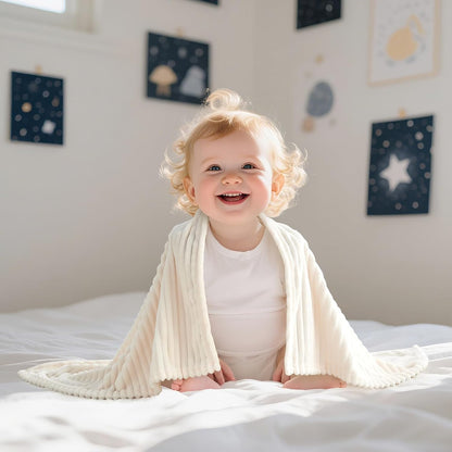 Skiennix Soft Fleece Baby Blanket - Ultra Cozy & Lightweight | Reversible Stripes, 30x40 Inch, Cream