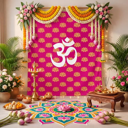 Eaasty 7x5 ft Indian Pooja Lotus Backdrop Decor Om Symbol Tapestry - Pink & Gold