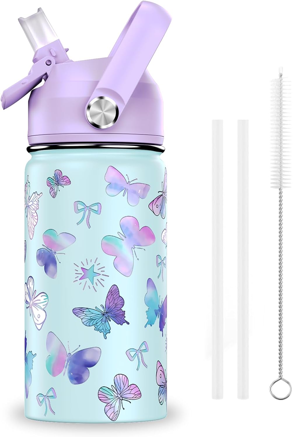 Skiennix 14oz Kids Insulated Water Bottle - Leak-Proof Stainless Steel Tumbler with Straw Lid (Butterfly)