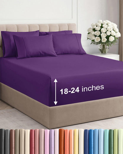 Skiennix Extra Deep Cal King Sheet Set | 6-Piece Breathable Cooling Bedding - Soft, Wrinkle-Free Purple