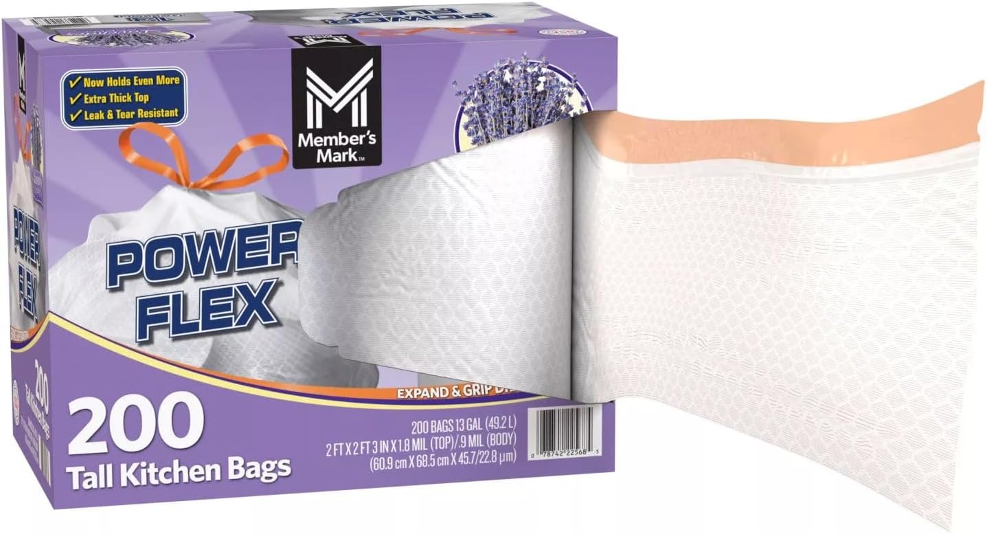 Member's Mark Power Flex Tall Kitchen Trash Bags - 13 Gallon, 200 Count (2 Rolls of 100)