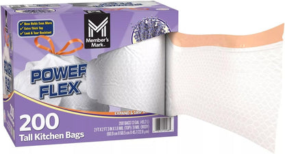 Member's Mark Power Flex Tall Kitchen Trash Bags - 13 Gallon, 200 Count (2 Rolls of 100)