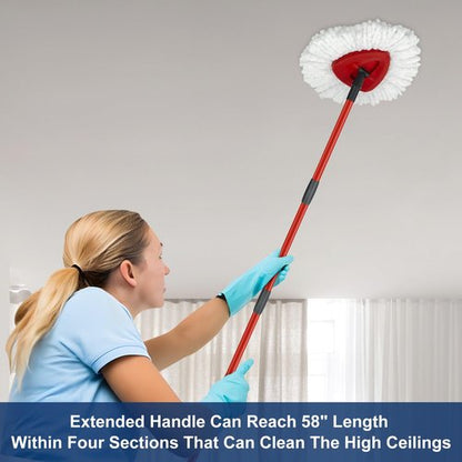 Mop Replace Heads Mop Handle and Mop Base Replacement for O Cedar EasyWring 1-Tank Spin Mop System, 2 Microfiber Mop Head Refills, 4-Section Iron Mop Handle 30-58in and 1 Mop Head Cover Set(No Bucket)