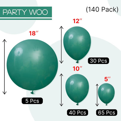 PartyWoo Dark Green Balloons - 140-Piece Jungle Dinosaur Theme Decoration Kit | Emerald & Forest Green