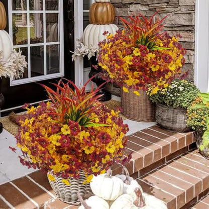 Artificial Fall Flowers Set - UV Resistant Autumn Mums for Outdoors, 12 Bundles Fall Colors