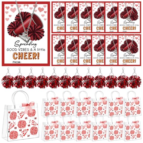 Red Cheerleader Gift Set Bulk 12 Pieces with Necklaces, Gift Bags, Ribbons